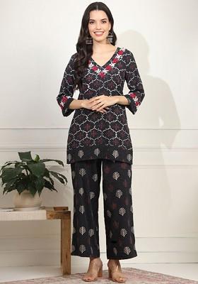 Black Floral Printed Vneck Thread Work Cotton Tunic With Palazzo