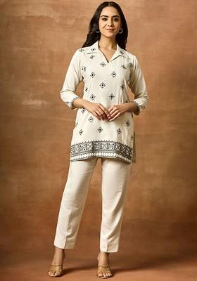 Off White Safar Embroidered Tunic With Trousers Coords