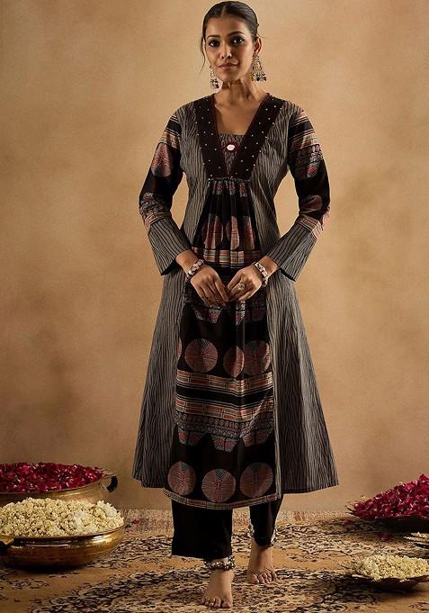 Brown Printed Square Neck Pure Cotton Tunic With Trouser