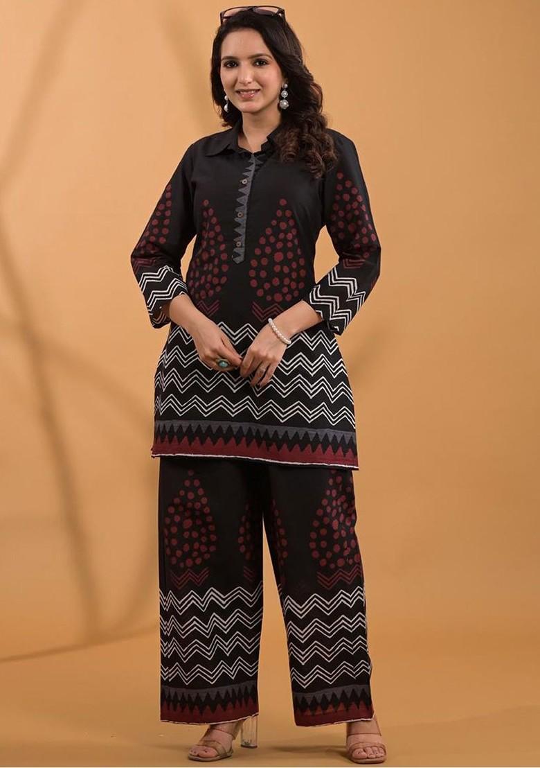 Black Printed Tunic With Palazzo Coords - Indya