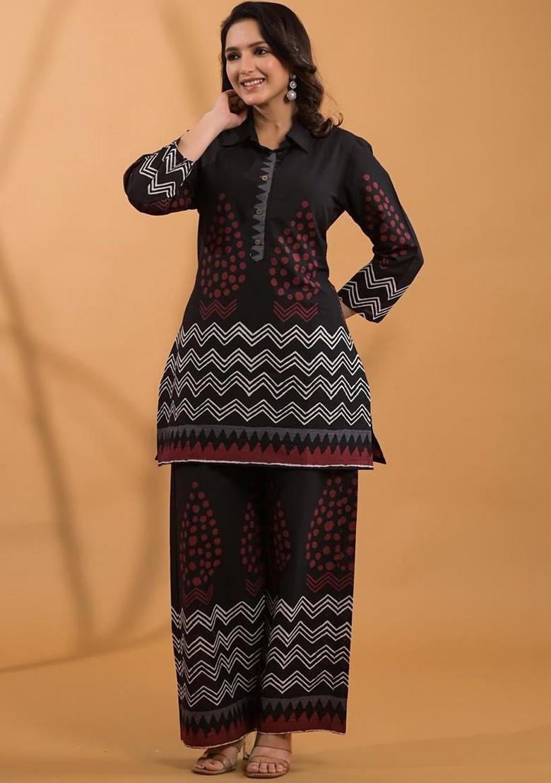Black Printed Tunic With Palazzo Coords - Indya