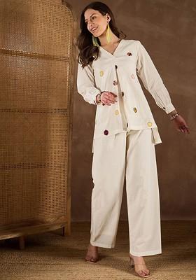 Off White Women Cotton Applique Coords Set