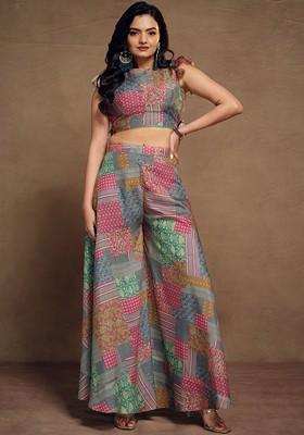 Purple Printed Crop Top With Palazzos Ethnic Coords
