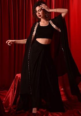 Black Embellished Crop Top With Drape Skirt And Shrug Coords