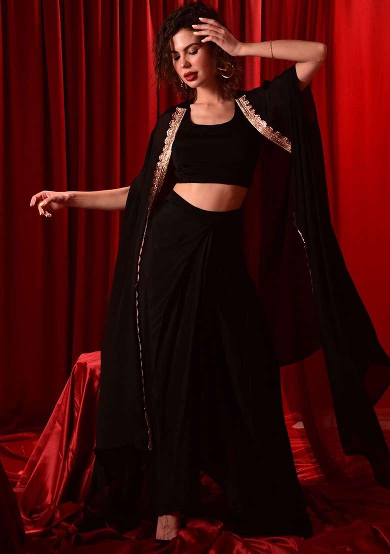 Black Embellished Crop Top With Drape Skirt And Shrug Coords - Indya