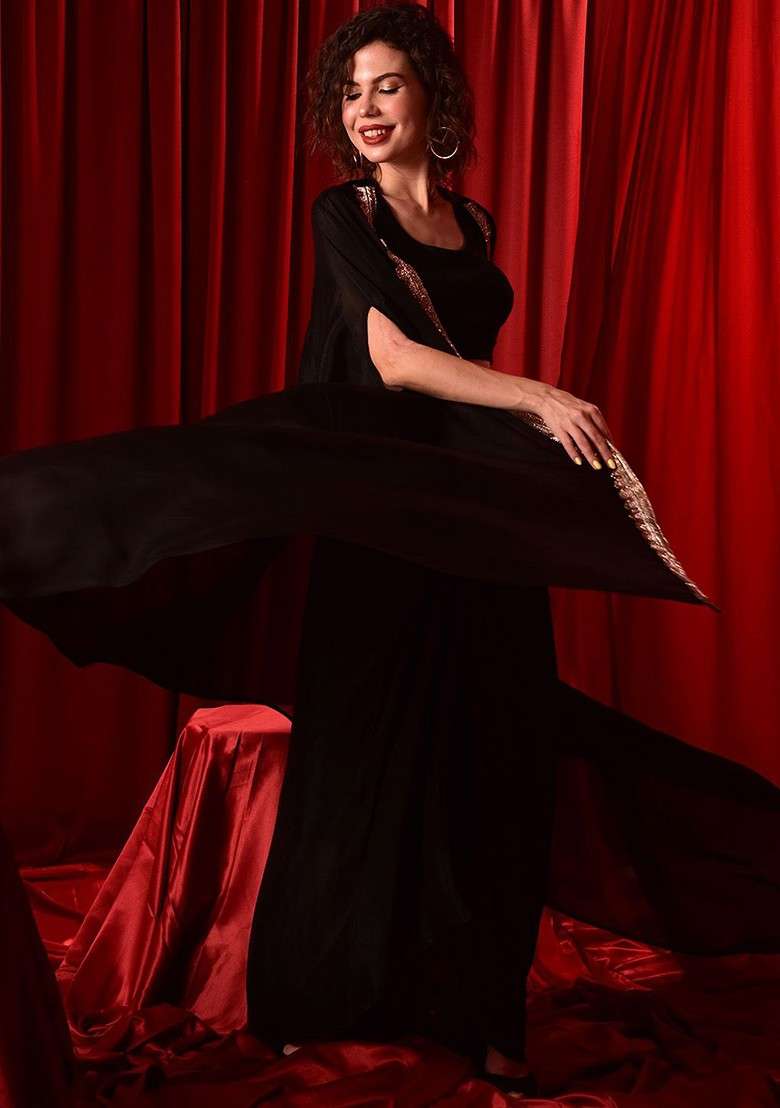 Black Embellished Crop Top With Drape Skirt And Shrug Coords - Indya