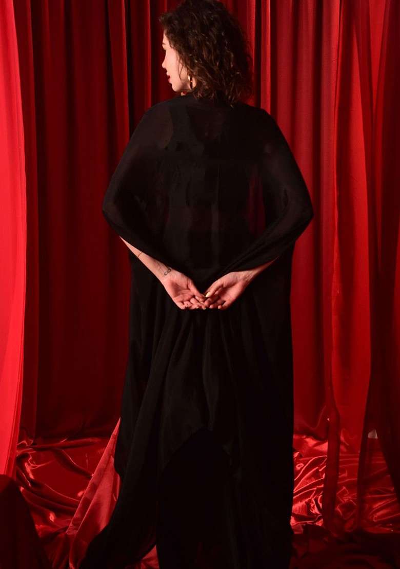Black Embellished Crop Top With Drape Skirt And Shrug Coords - Indya