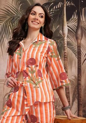 Orange Floral Print Striped Pure Cotton Coords