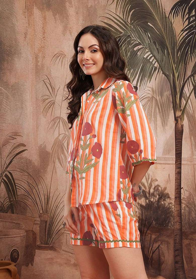 Orange Floral Print Striped Pure Cotton Coords - Indya