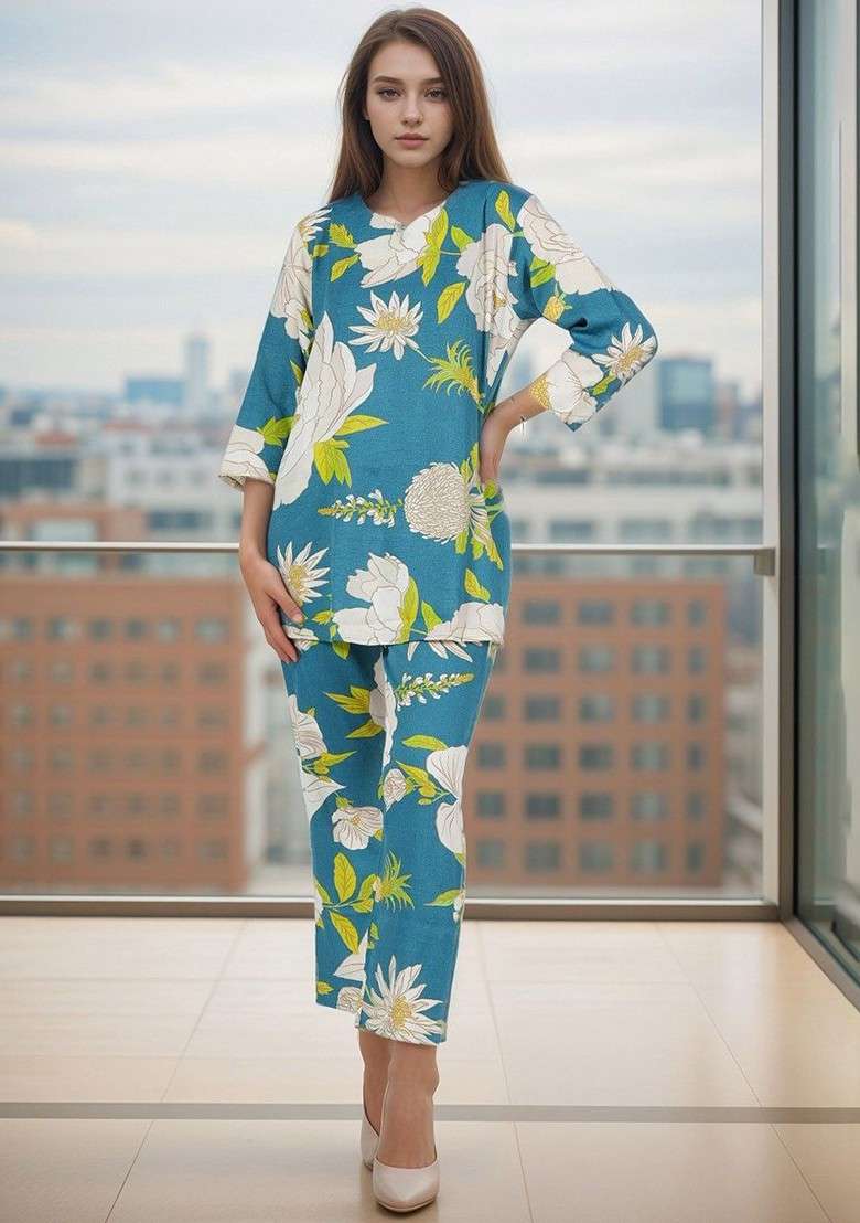 Blue Floral Printed Tunic With Trousers - Indya