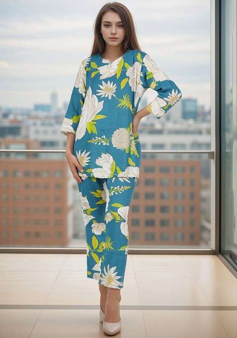 Blue Floral Printed Tunic With Trousers