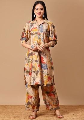 Gold Printed Mandarin Collar Neck Shirt With Trousers Coords