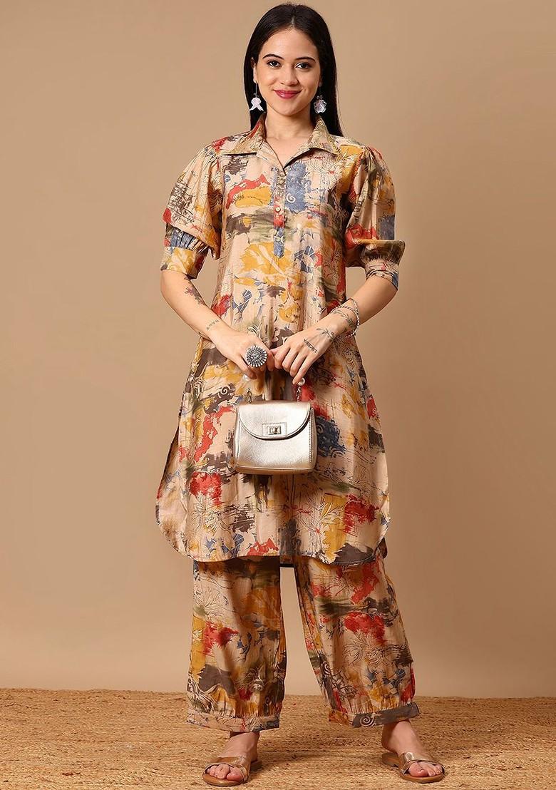 Gold Printed Mandarin Collar Neck Shirt With Trousers Coords