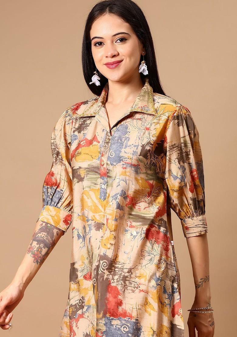 Gold Printed Mandarin Collar Neck Shirt With Trousers Coords