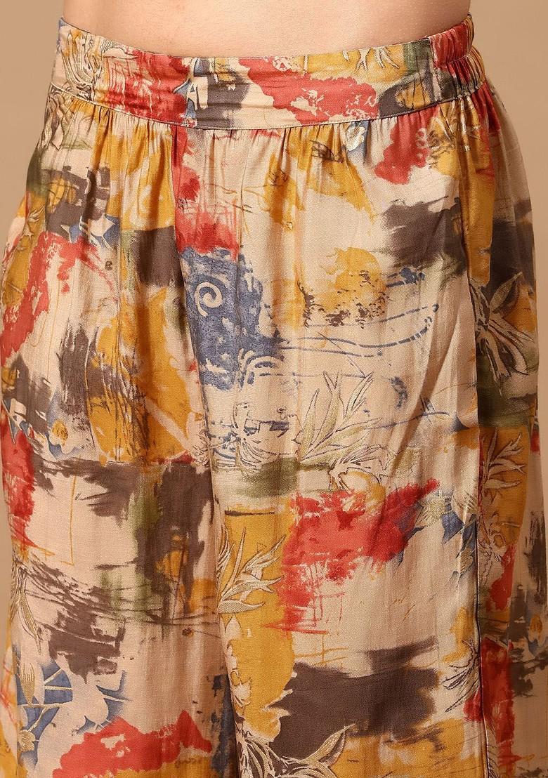 Gold Printed Mandarin Collar Neck Shirt With Trousers Coords