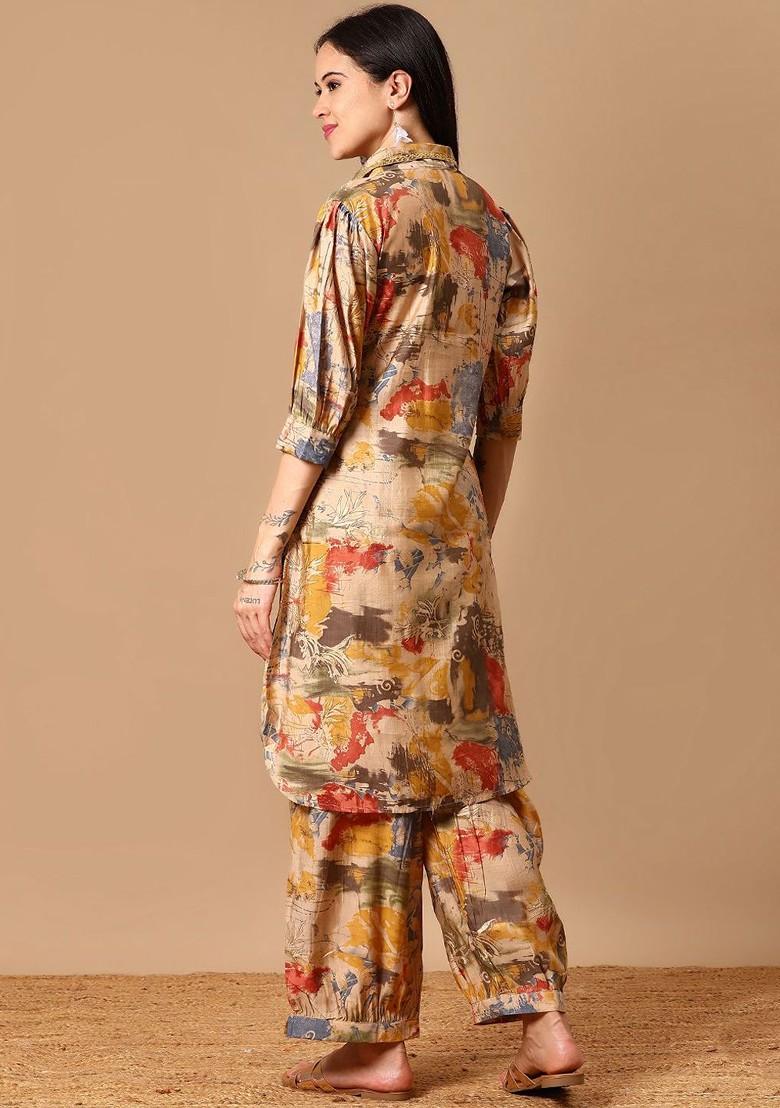Gold Printed Mandarin Collar Neck Shirt With Trousers Coords