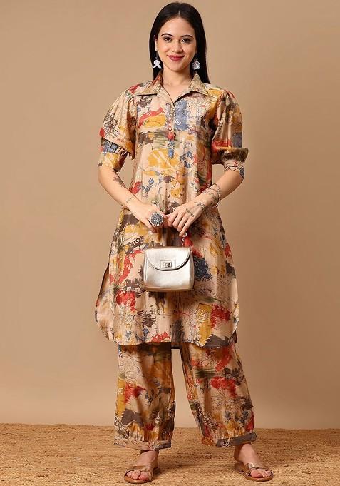 Gold Printed Mandarin Collar Neck Shirt With Trousers Coords