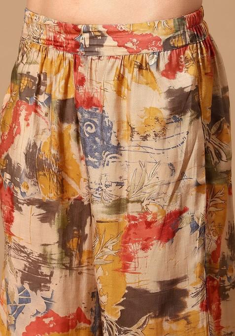 Gold Printed Mandarin Collar Neck Shirt With Trousers Coords