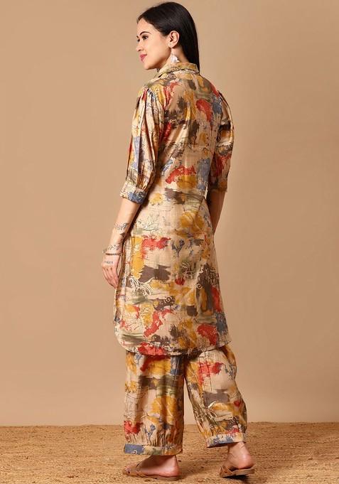 Gold Printed Mandarin Collar Neck Shirt With Trousers Coords