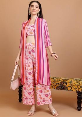 Pink Pink Printed Pure Cotton Crop Top And Jacket With Palazzos