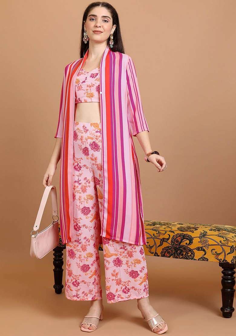Pink Pink Printed Pure Cotton Crop Top And Jacket With Palazzos - Indya