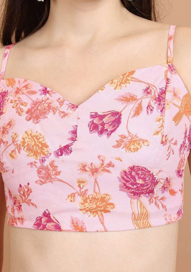 Pink Pink Printed Pure Cotton Crop Top And Jacket With Palazzos - Indya