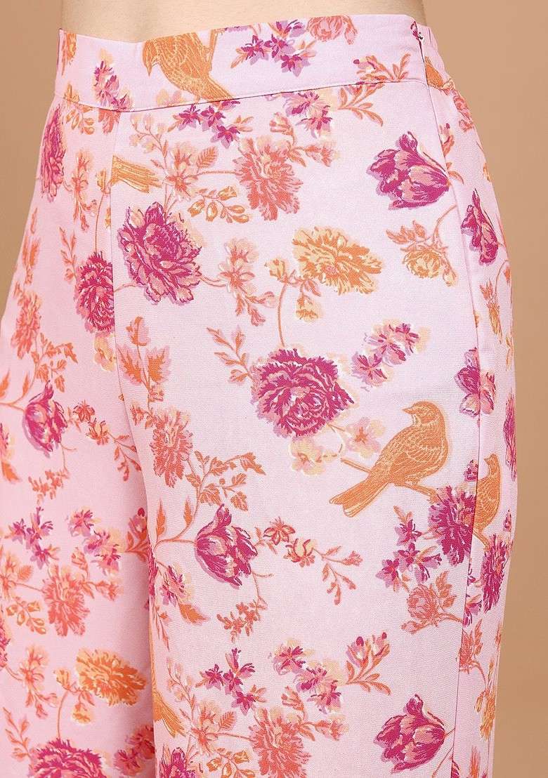 Pink Pink Printed Pure Cotton Crop Top And Jacket With Palazzos - Indya