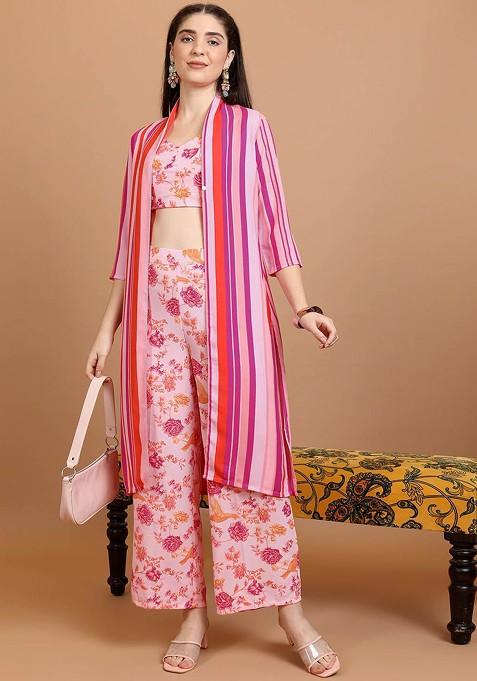 Pink Pink Printed Pure Cotton Crop Top And Jacket With Palazzos