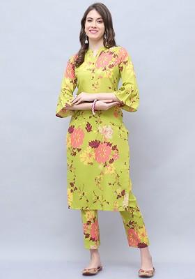Green Floral Printed Mandarin Collar Pure Cotton Tunic With Trouser