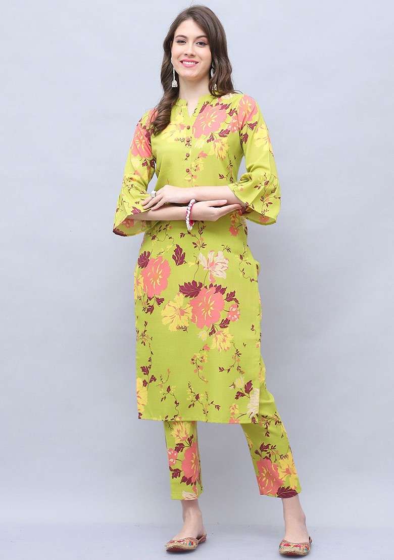 Green Floral Printed Mandarin Collar Pure Cotton Tunic With Trouser - Indya