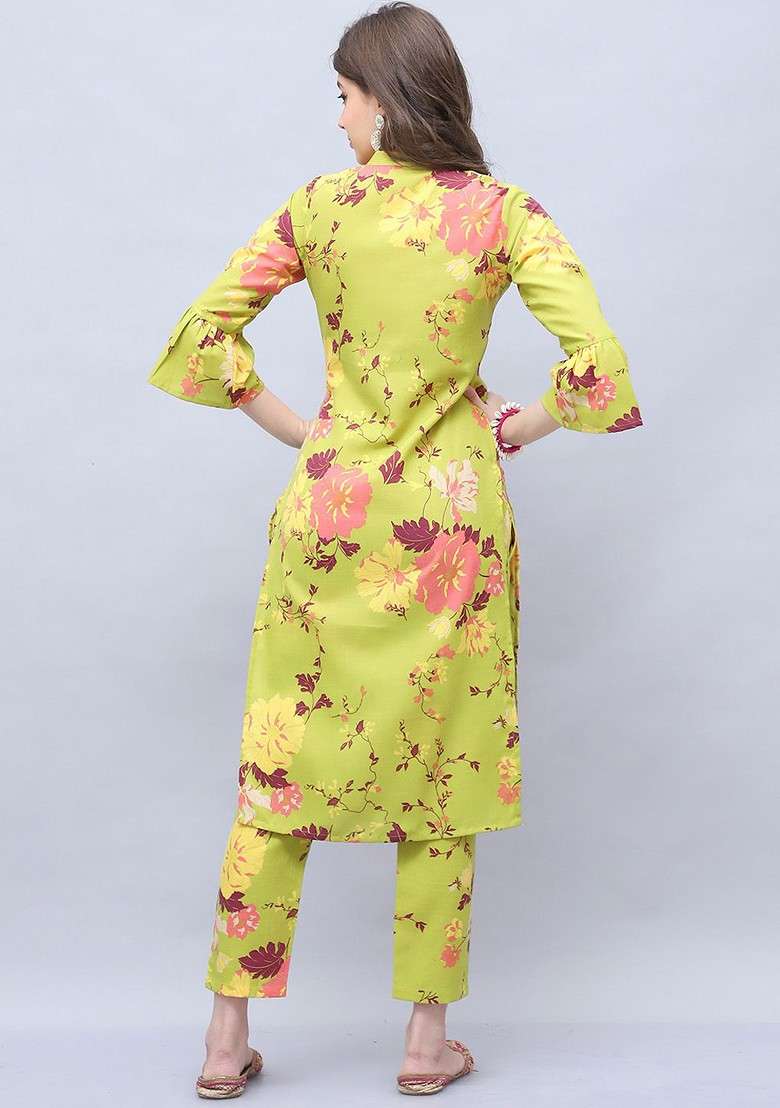 Green Floral Printed Mandarin Collar Pure Cotton Tunic With Trouser - Indya