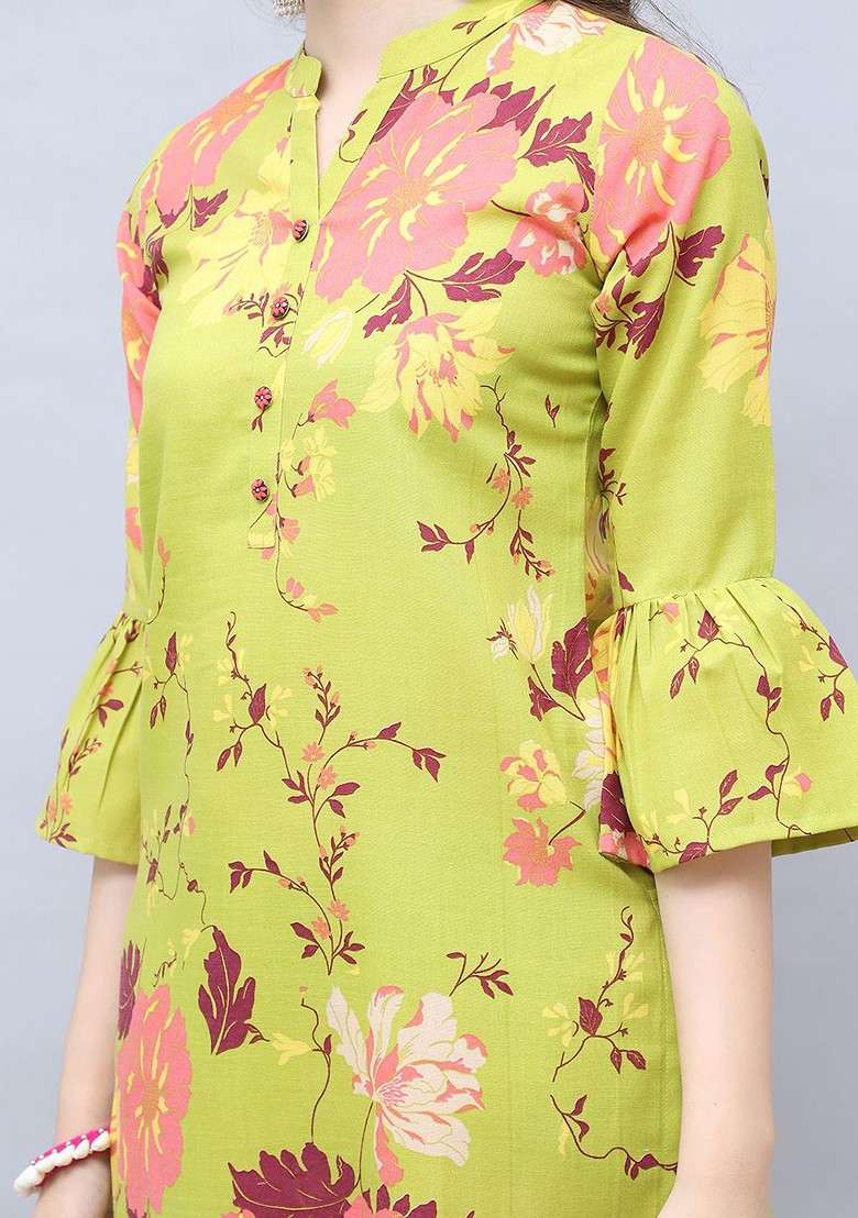 Green Floral Printed Mandarin Collar Pure Cotton Tunic With Trouser - Indya