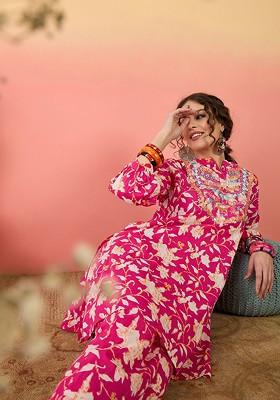 Pink Pink Floral Printed Embroidered Mandarin Collar Pure Cotton Tunic With Trouser