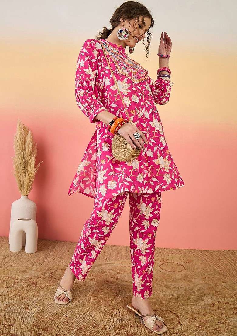 Pink Pink Floral Printed Embroidered Mandarin Collar Pure Cotton Tunic With Trouser - Indya