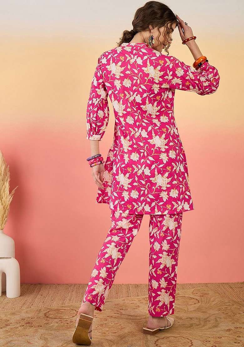 Pink Pink Floral Printed Embroidered Mandarin Collar Pure Cotton Tunic With Trouser - Indya
