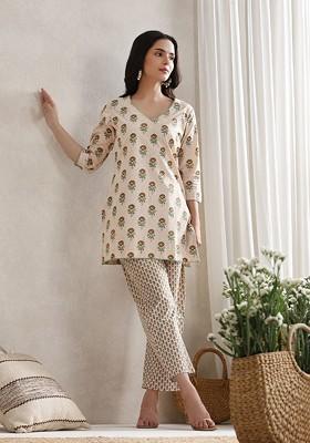Cream Floral Printed Cotton Vneck Tunic With Trouser Coords