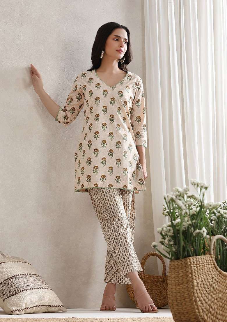 Cream Floral Printed Cotton Vneck Tunic With Trouser Coords - Indya