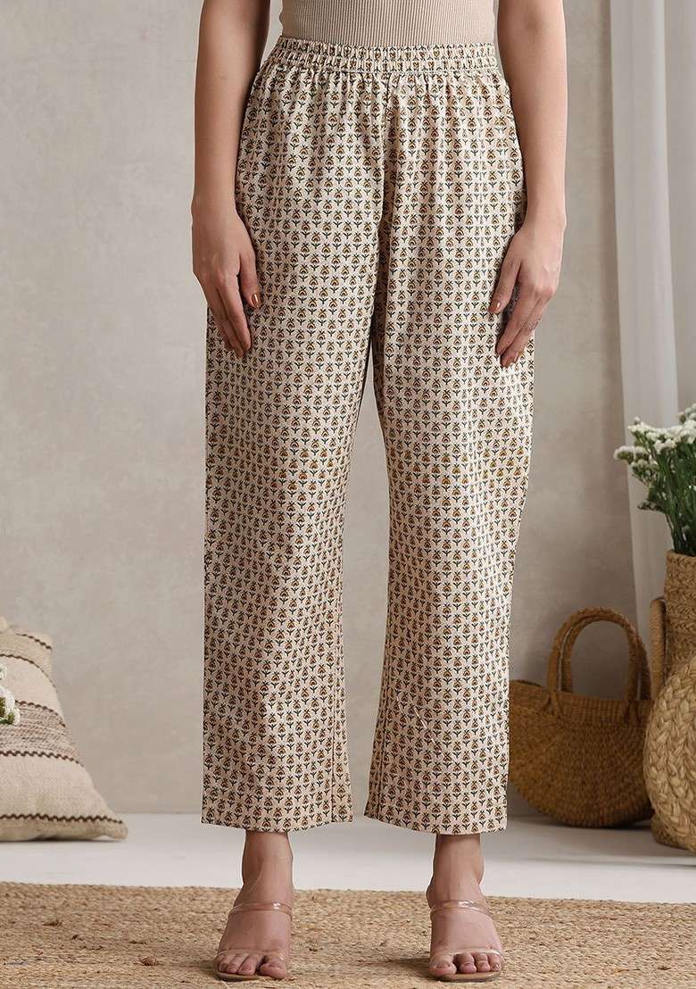 Cream Floral Printed Cotton Vneck Tunic With Trouser Coords - Indya