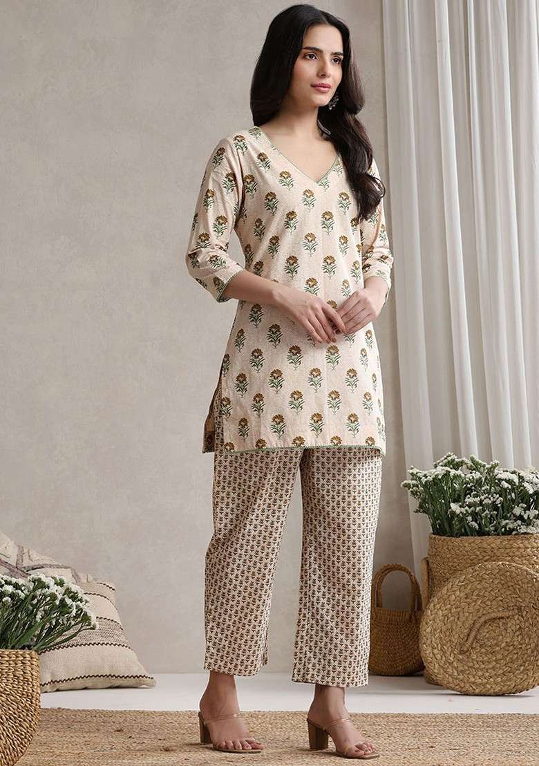 Cream Floral Printed Cotton Vneck Tunic With Trouser Coords - Indya
