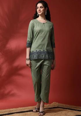 Olive Olive Green Floral Embroidered Pure Cotton Top With Trousers