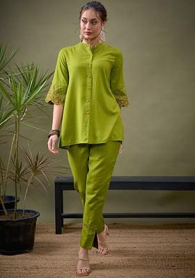 Green Green Embroidered Shirt With Palazzos Coords