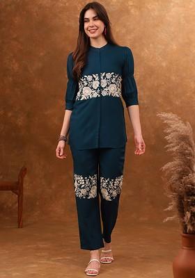 Blue Blue Embroidered Tunic With Trousers Coords