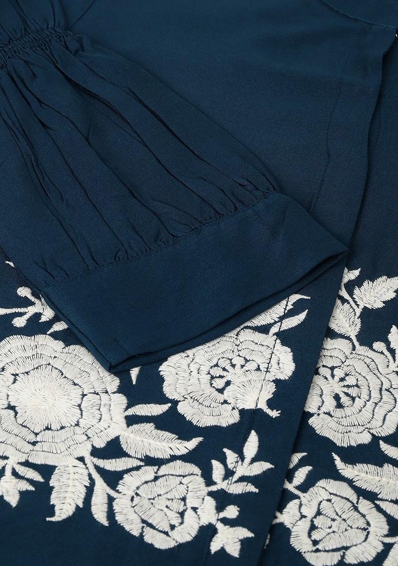 Blue Blue Embroidered Tunic With Trousers Coords - Indya