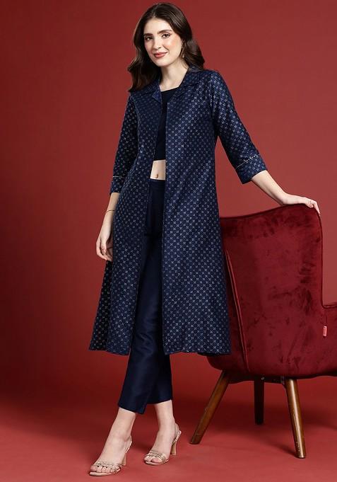 Navy Blue Women Solid Ethnic Top With Trousers And With Jacket