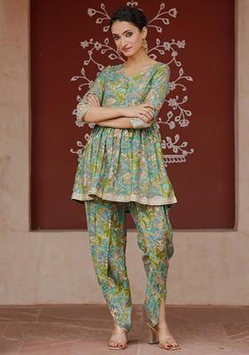 Green Floral Printed Vneck Tunic With Dhoti Pant