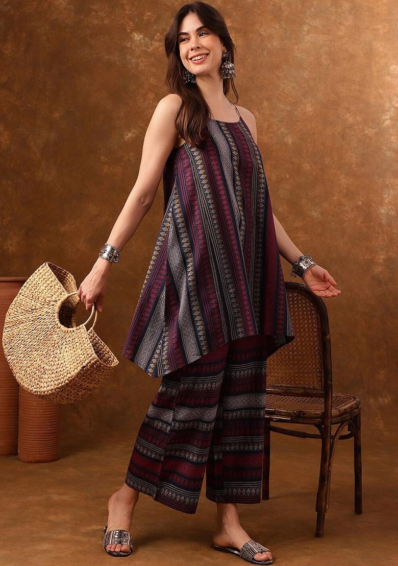 Maroon Geometric Printed Shoulder Straps Ethnic Tunic With Palazzo