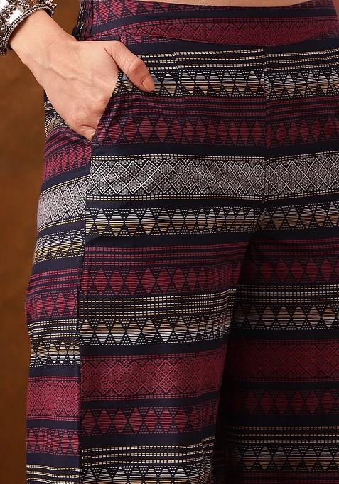 Maroon Geometric Printed Shoulder Straps Ethnic Tunic With Palazzo