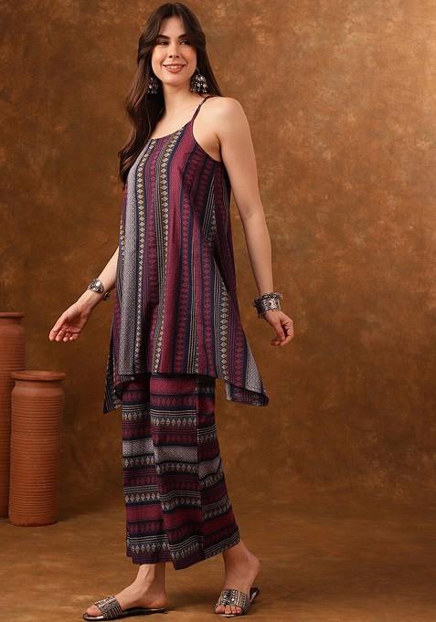 Maroon Geometric Printed Shoulder Straps Ethnic Tunic With Palazzo