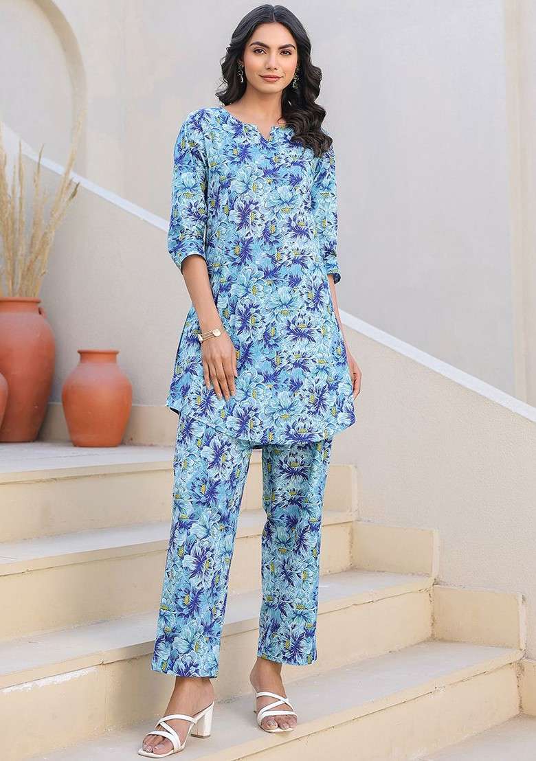 Blue Pure Cotton Floral Printed Straight Coord Set - Indya