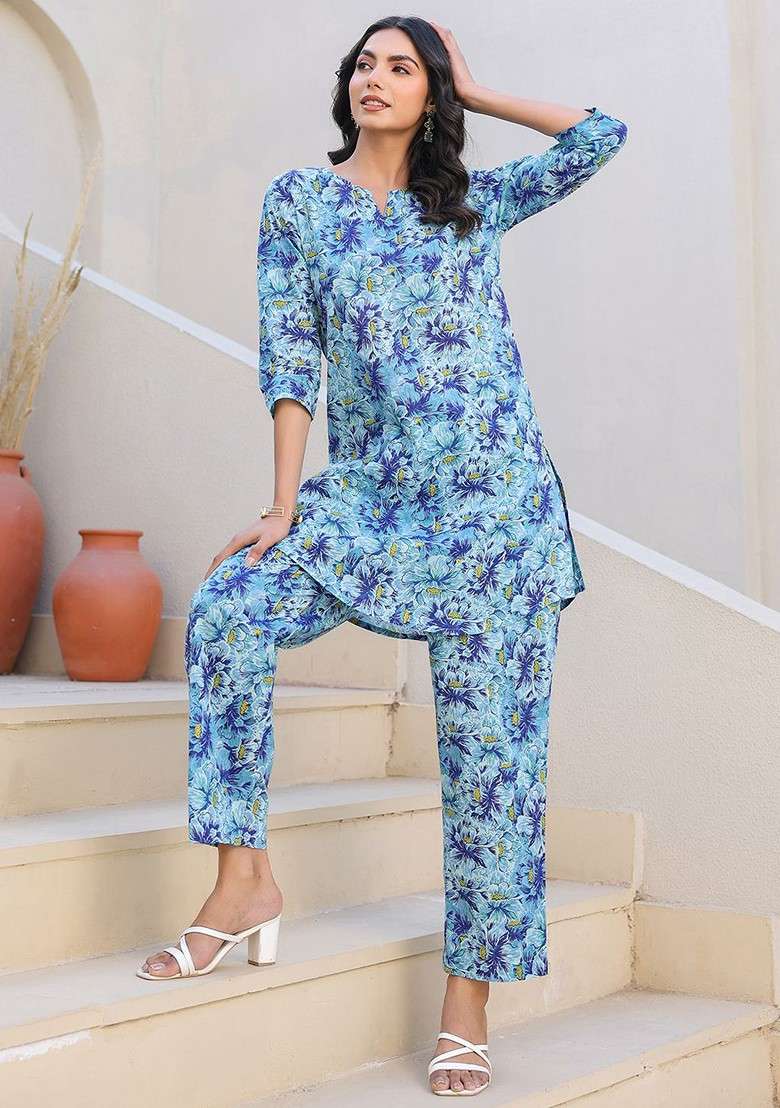 Blue Pure Cotton Floral Printed Straight Coord Set - Indya